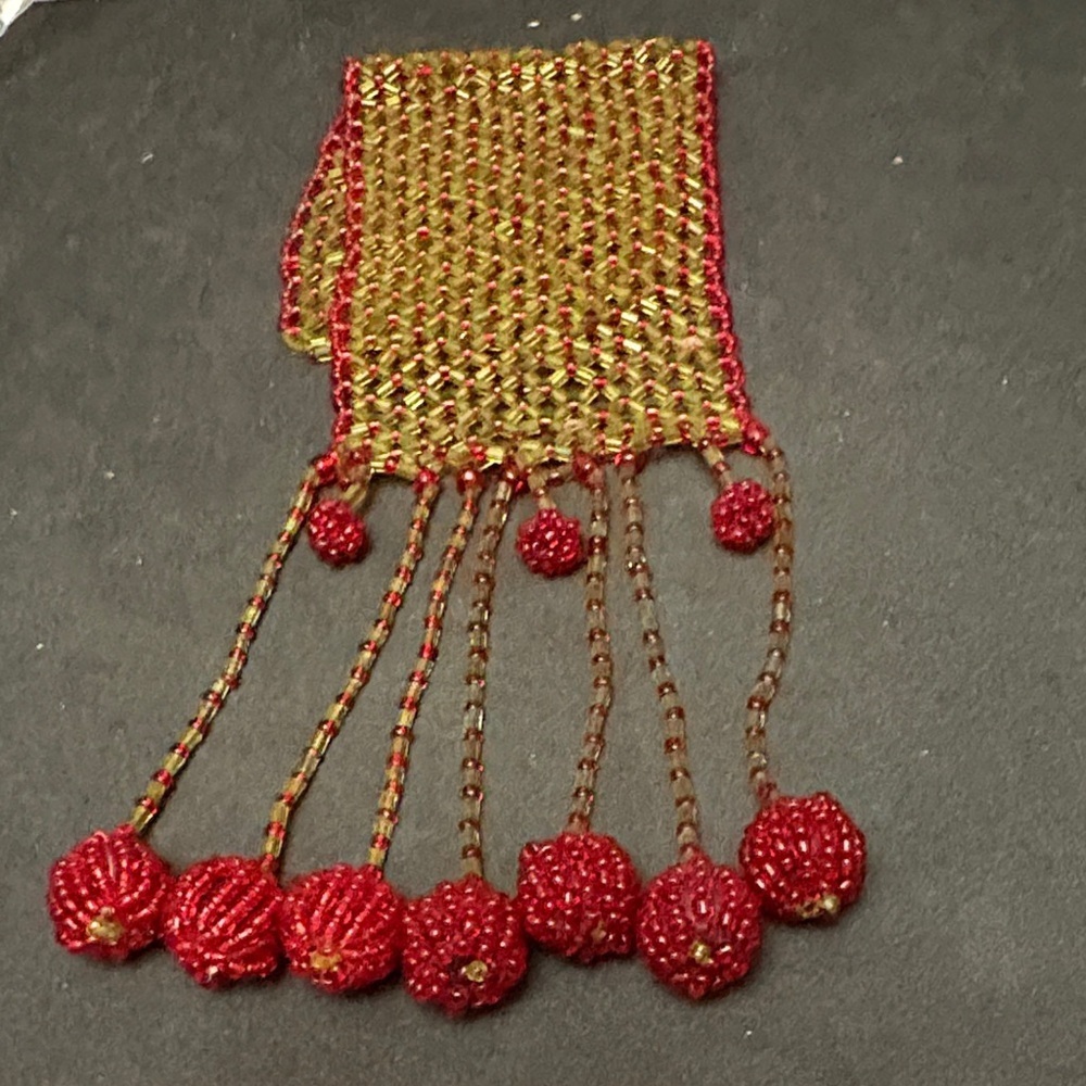 Vintage Handcrafted Beaded Red and Gold Fringe Bracelet
